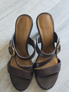 Maripe Dark Brown Leather Slide Heels with Gold Buckle